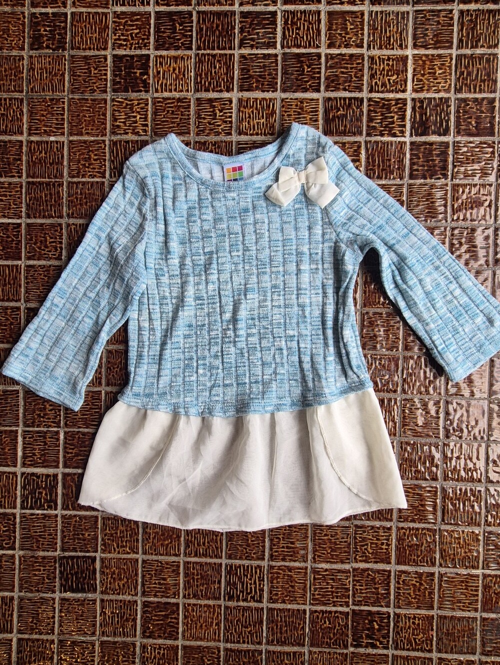 healthtex Light Blue and Cream Girls Long Sleeve Dress Top with Bow